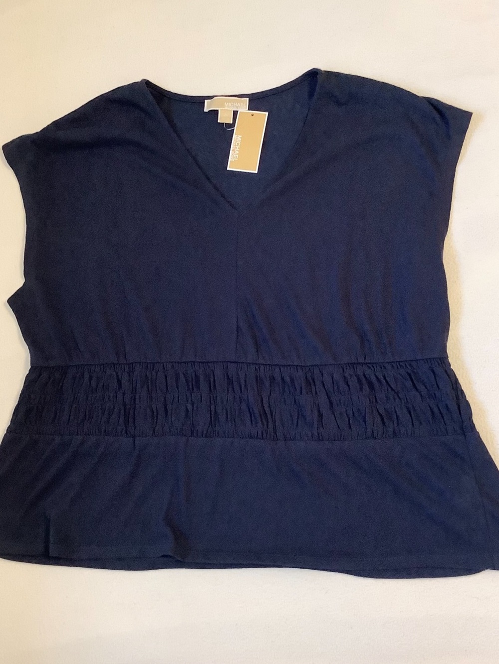 NEW Michael Kors Navy V-Neck Smocked Elastic Waist Blouse Flowy Peplum Hem Sz.2X